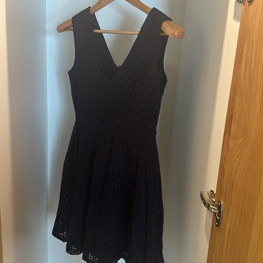 Manoush, French brand, navy eyelet, above the knee dress. Purchased in Paris.